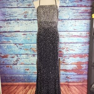 Sean Collection Silver Black Sequin Halter Maxi Gown